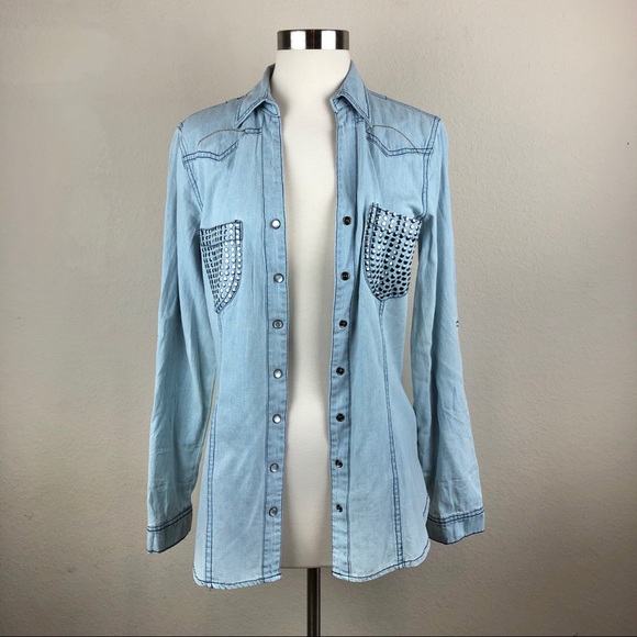 RD Light Wash Denim Long Sleeve Snap Button Top - Picture 5 of 8